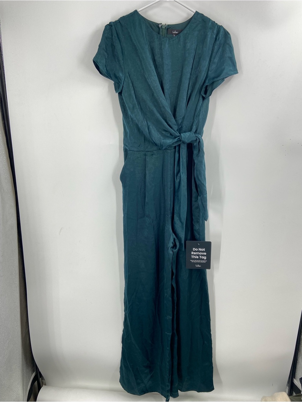 NWT Lulus Let Me Entertain You Dark Green Satin Wide-Leg Jumpsuit Medium